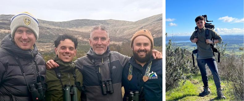 Group of four wildlife guides outdoors with binoculars; separate hiker portrait with backpack