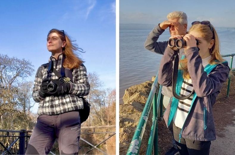 Side-by-side photos of a woman with a camera outdoors and bird watching using binoculars next to a man