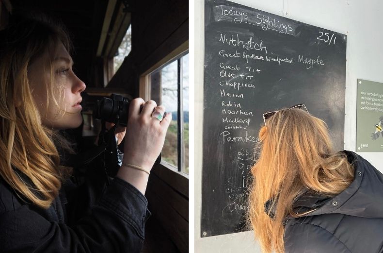 Woman bird watching from a hide with binoculars and writing her wildlife observations on a chalkboard